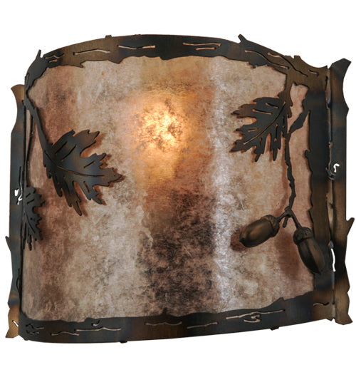 Meyda Lighting Oak Leaf & Acorn 12" Dark Burnished Antique Copper Wall Sconce With Silver Mica Shade Glass