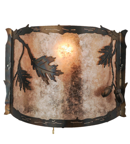Meyda Lighting Oak Leaf & Acorn 12" Dark Burnished Antique Copper Wall Sconce With Silver Mica Shade Glass