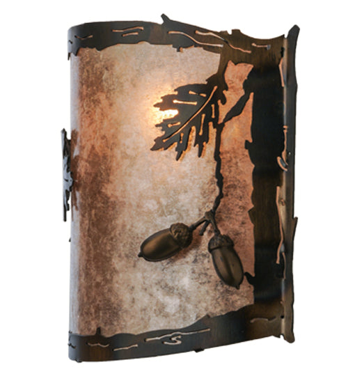 Meyda Lighting Oak Leaf & Acorn 12" Dark Burnished Antique Copper Wall Sconce With Silver Mica Shade Glass