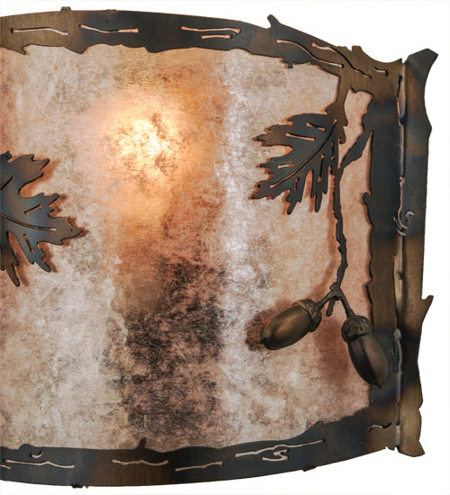 Meyda Lighting Oak Leaf & Acorn 12" Dark Burnished Antique Copper Wall Sconce With Silver Mica Shade Glass