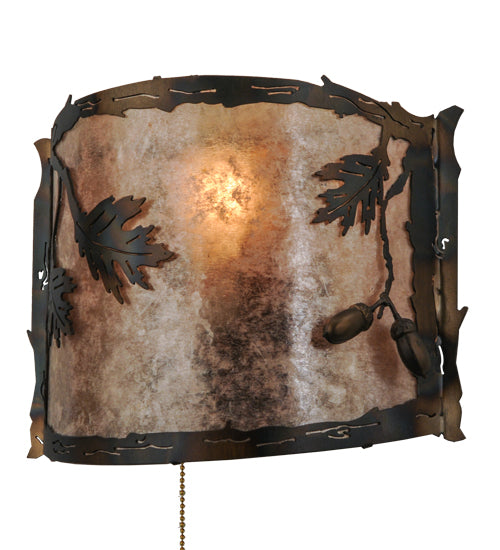 Meyda Lighting Oak Leaf & Acorn 12" Dark Burnished Antique Copper Wall Sconce With Silver Mica Shade Glass