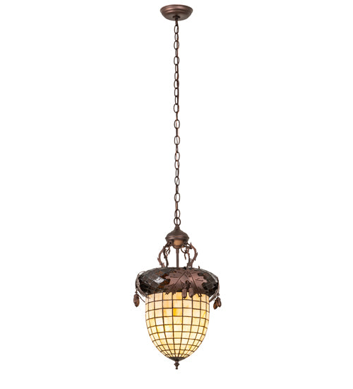 Meyda Lighting Oak Leaf & Acorn 13" 3-Light Mahogany Bronze Pendant Light With Brown & Beige Shade Glass