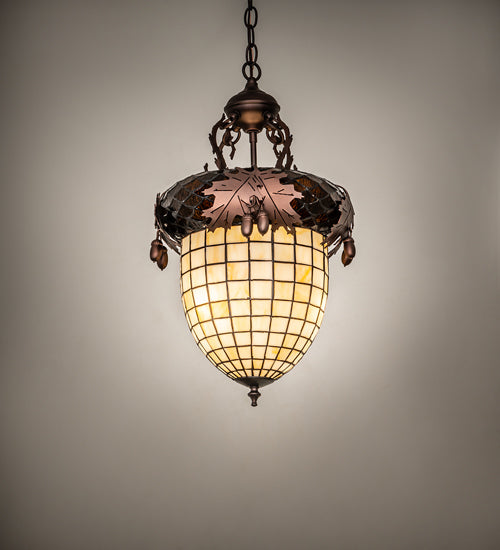 Meyda Lighting Oak Leaf & Acorn 13" 3-Light Mahogany Bronze Pendant Light With Brown & Beige Shade Glass