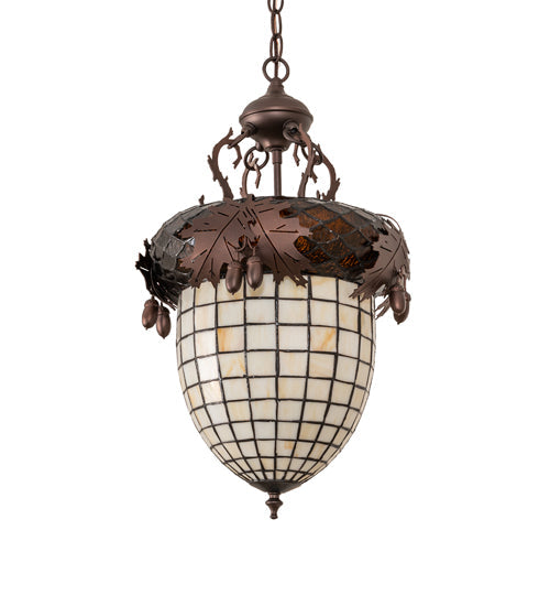 Meyda Lighting Oak Leaf & Acorn 13" 3-Light Mahogany Bronze Pendant Light With Brown & Beige Shade Glass