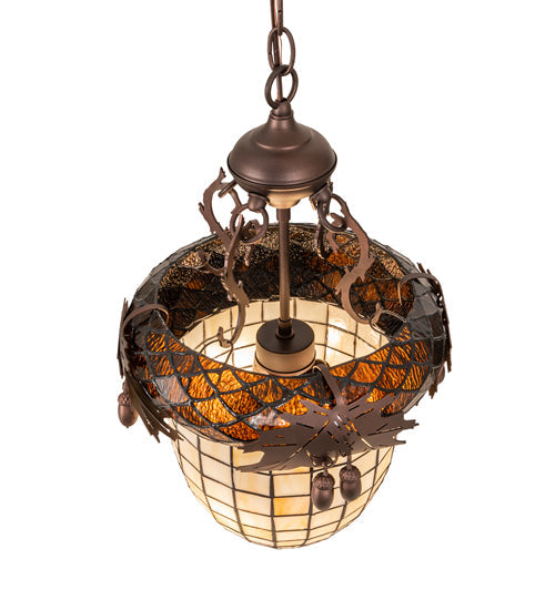 Meyda Lighting Oak Leaf & Acorn 13" 3-Light Mahogany Bronze Pendant Light With Brown & Beige Shade Glass