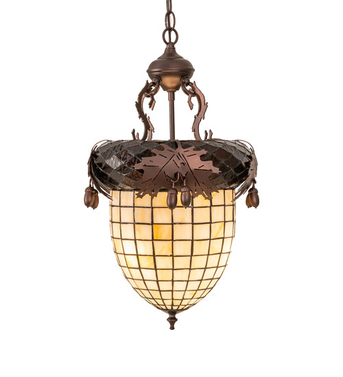 Meyda Lighting Oak Leaf & Acorn 13" 3-Light Mahogany Bronze Pendant Light With Brown & Beige Shade Glass