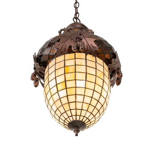Meyda Lighting Oak Leaf & Acorn 13" 3-Light Mahogany Bronze Pendant Light With Brown & Beige Shade Glass
