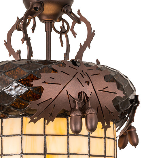 Meyda Lighting Oak Leaf & Acorn 13" 3-Light Mahogany Bronze Pendant Light With Brown & Beige Shade Glass
