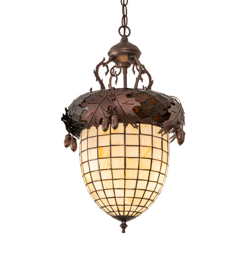 Meyda Lighting Oak Leaf & Acorn 13" 3-Light Mahogany Bronze Pendant Light With Brown & Beige Shade Glass