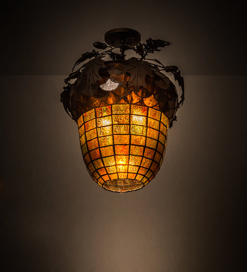 Meyda Lighting Oak Leaf & Acorn 15" 3-Light Mahogany Bronze Flush Mount Light With Bark Brown & Amber Shade Glass