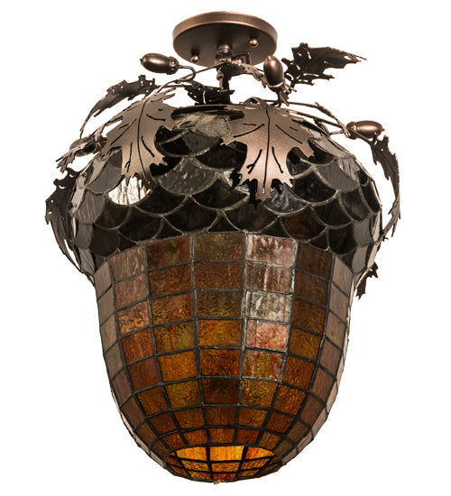 Meyda Lighting Oak Leaf & Acorn 15" 3-Light Mahogany Bronze Flush Mount Light With Bark Brown & Amber Shade Glass