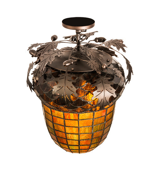 Meyda Lighting Oak Leaf & Acorn 15" 3-Light Mahogany Bronze Flush Mount Light With Bark Brown & Amber Shade Glass