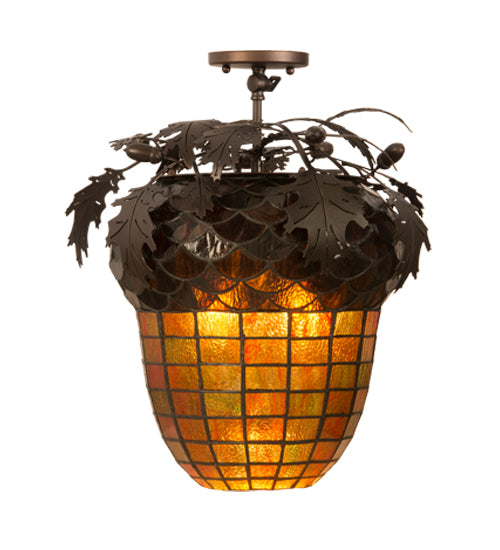 Meyda Lighting Oak Leaf & Acorn 15" 3-Light Mahogany Bronze Flush Mount Light With Bark Brown & Amber Shade Glass