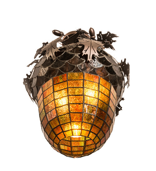 Meyda Lighting Oak Leaf & Acorn 15" 3-Light Mahogany Bronze Flush Mount Light With Bark Brown & Amber Shade Glass
