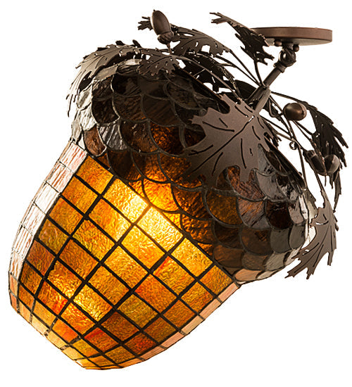 Meyda Lighting Oak Leaf & Acorn 15" 3-Light Mahogany Bronze Flush Mount Light With Bark Brown & Amber Shade Glass