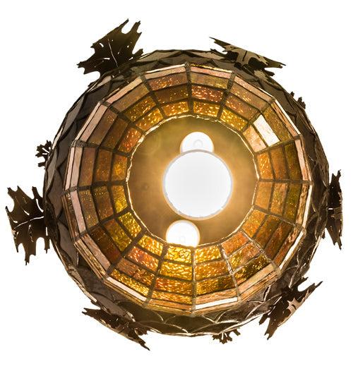 Meyda Lighting Oak Leaf & Acorn 15" 3-Light Mahogany Bronze Flush Mount Light With Bark Brown & Amber Shade Glass