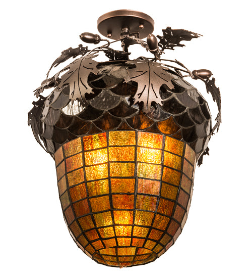 Meyda Lighting Oak Leaf & Acorn 15" 3-Light Mahogany Bronze Flush Mount Light With Bark Brown & Amber Shade Glass