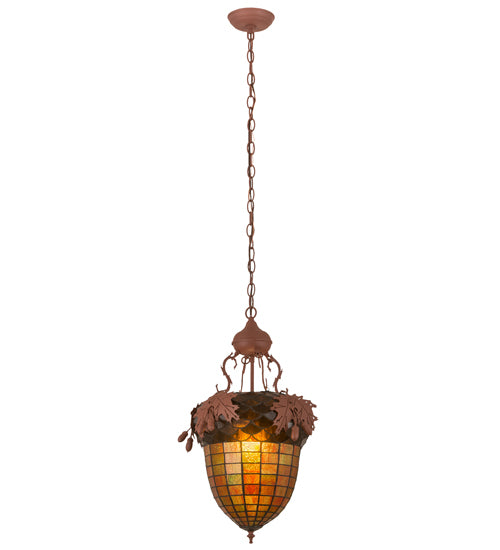 Meyda Lighting Oak Leaf & Acorn 15" Rust Pendant Light With Amber & Brown Shade Glass