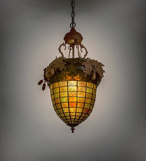 Meyda Lighting Oak Leaf & Acorn 15" Rust Pendant Light With Amber & Brown Shade Glass