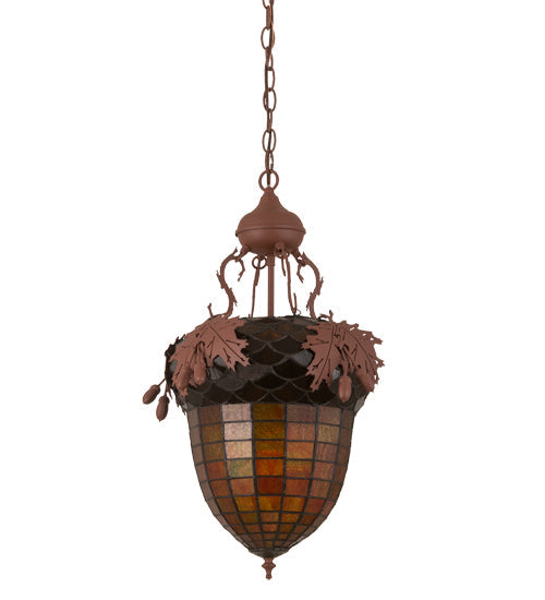 Meyda Lighting Oak Leaf & Acorn 15" Rust Pendant Light With Amber & Brown Shade Glass