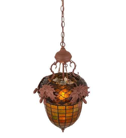 Meyda Lighting Oak Leaf & Acorn 15" Rust Pendant Light With Amber & Brown Shade Glass