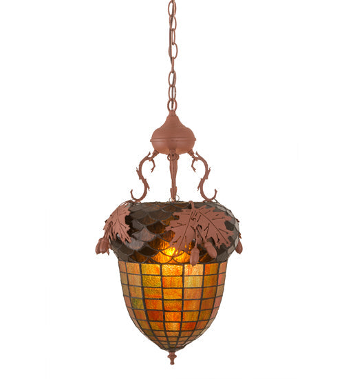 Meyda Lighting Oak Leaf & Acorn 15" Rust Pendant Light With Amber & Brown Shade Glass
