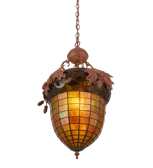 Meyda Lighting Oak Leaf & Acorn 15" Rust Pendant Light With Amber & Brown Shade Glass