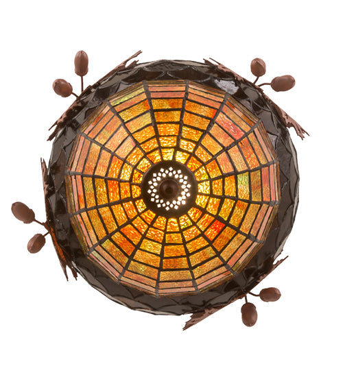 Meyda Lighting Oak Leaf & Acorn 15" Rust Pendant Light With Amber & Brown Shade Glass