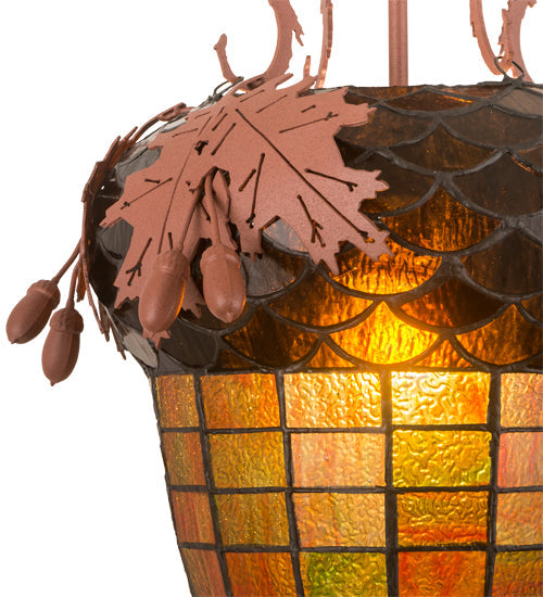Meyda Lighting Oak Leaf & Acorn 15" Rust Pendant Light With Amber & Brown Shade Glass