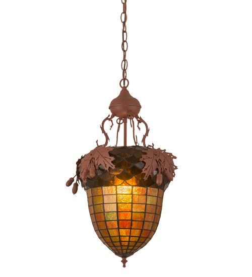 Meyda Lighting Oak Leaf & Acorn 15" Rust Pendant Light With Amber & Brown Shade Glass