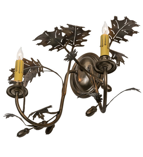 Meyda Lighting Oak Leaf & Acorn 16" 2-Light Dark Burnished Antique Copper Wall Sconce With Ivory Faux Candlelight