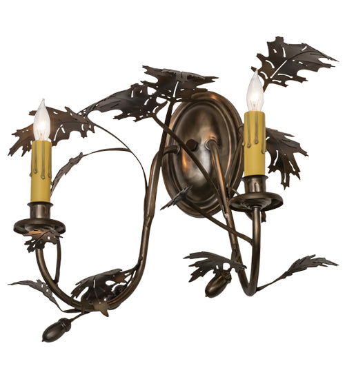 Meyda Lighting Oak Leaf & Acorn 16" 2-Light Dark Burnished Antique Copper Wall Sconce With Ivory Faux Candlelight