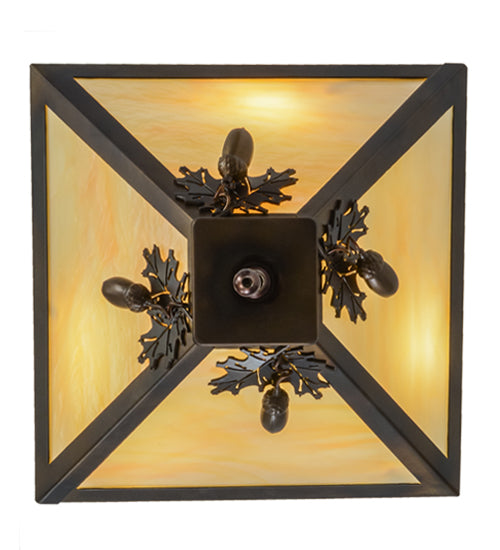 Meyda Lighting Oak Leaf & Acorn 16" 3-Light Mahogany Bronze Flush Mount Light With Beige Art Shade Glass