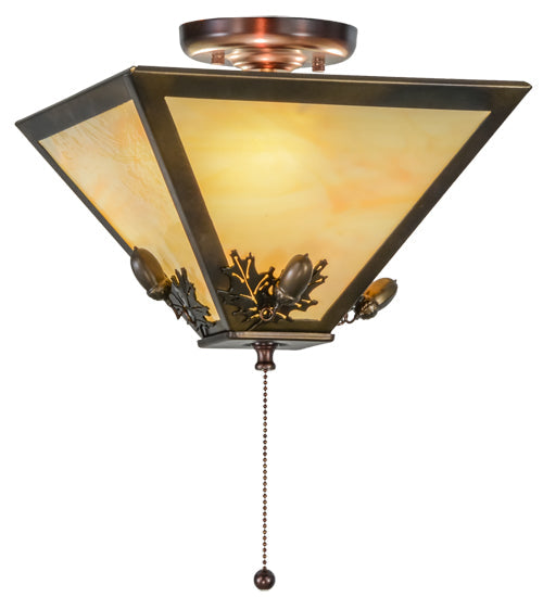 Meyda Lighting Oak Leaf & Acorn 16" 3-Light Mahogany Bronze Flush Mount Light With Beige Art Shade Glass