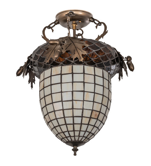 Meyda Lighting Oak Leaf & Acorn 16" Antique Copper Flush Mount Light With Beige & Brown Shade Glass