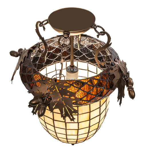 Meyda Lighting Oak Leaf & Acorn 16" Antique Copper Flush Mount Light With Beige & Brown Shade Glass