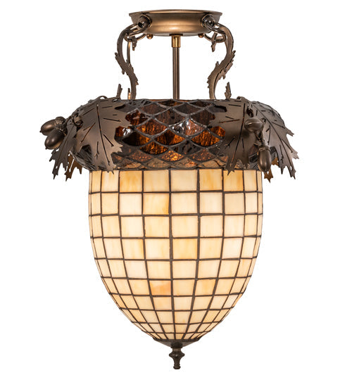 Meyda Lighting Oak Leaf & Acorn 16" Antique Copper Flush Mount Light With Beige & Brown Shade Glass