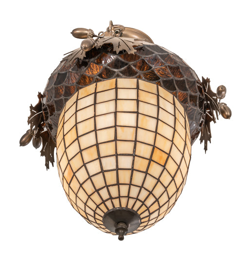 Meyda Lighting Oak Leaf & Acorn 16" Antique Copper Flush Mount Light With Beige & Brown Shade Glass