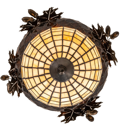 Meyda Lighting Oak Leaf & Acorn 16" Antique Copper Flush Mount Light With Beige & Brown Shade Glass