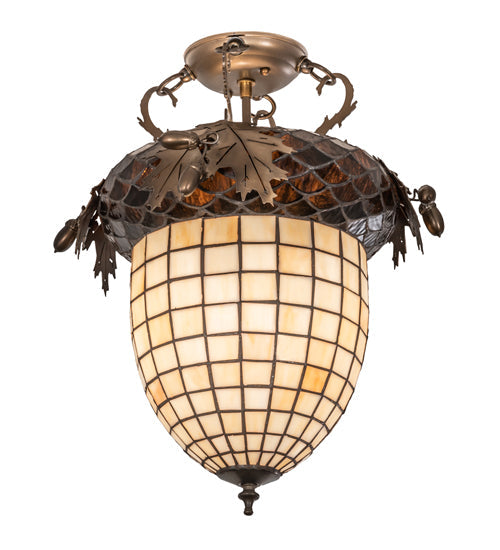 Meyda Lighting Oak Leaf & Acorn 16" Antique Copper Flush Mount Light With Beige & Brown Shade Glass