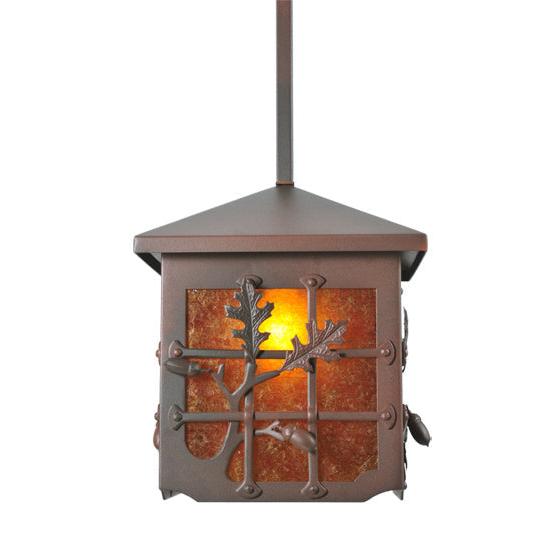 Meyda Lighting Oak Leaf & Acorn 17" Rust On Wrought Iron Pendant Light With Amber Mica Shade Glass