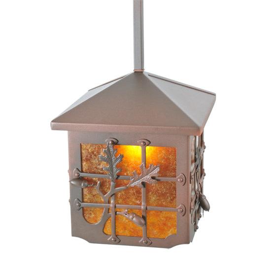 Meyda Lighting Oak Leaf & Acorn 17" Rust On Wrought Iron Pendant Light With Amber Mica Shade Glass