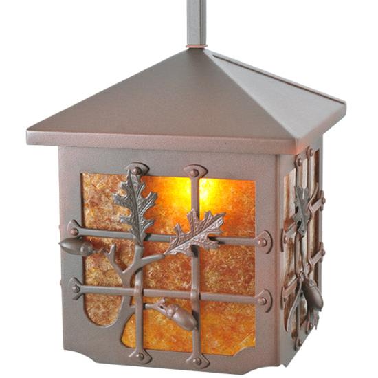 Meyda Lighting Oak Leaf & Acorn 17" Rust On Wrought Iron Pendant Light With Amber Mica Shade Glass
