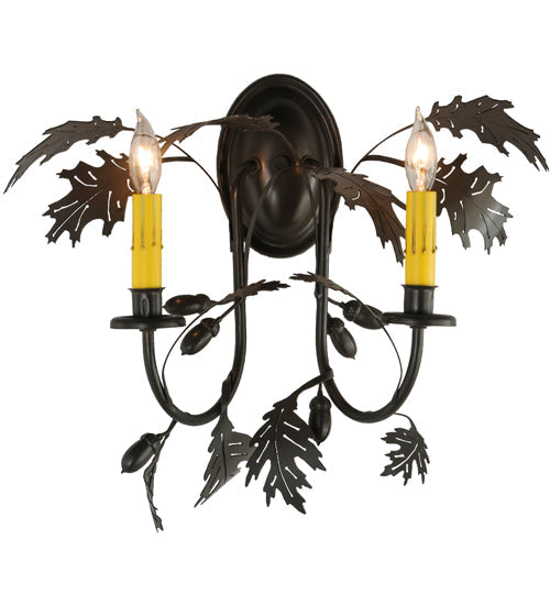 Meyda Lighting Oak Leaf & Acorn 18" 2-Light Timeless Bronze Wall Sconce With Ivory Faux Candlelight