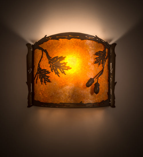 Meyda Lighting Oak Leaf & Acorn 184030 12" Antique Copper Wall Sconce With Amber Mica & Silver Mica Shade Glass