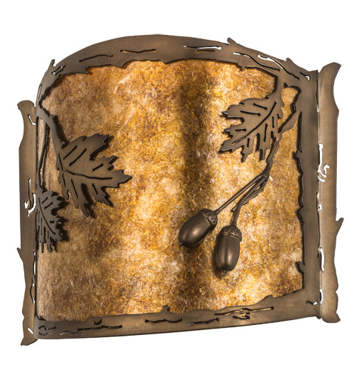 Meyda Lighting Oak Leaf & Acorn 184030 12" Antique Copper Wall Sconce With Amber Mica & Silver Mica Shade Glass