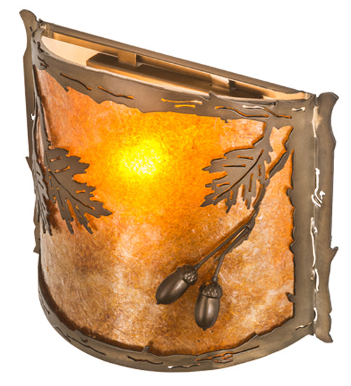Meyda Lighting Oak Leaf & Acorn 184030 12" Antique Copper Wall Sconce With Amber Mica & Silver Mica Shade Glass