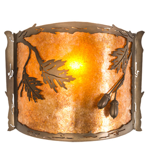 Meyda Lighting Oak Leaf & Acorn 184030 12" Antique Copper Wall Sconce With Amber Mica & Silver Mica Shade Glass