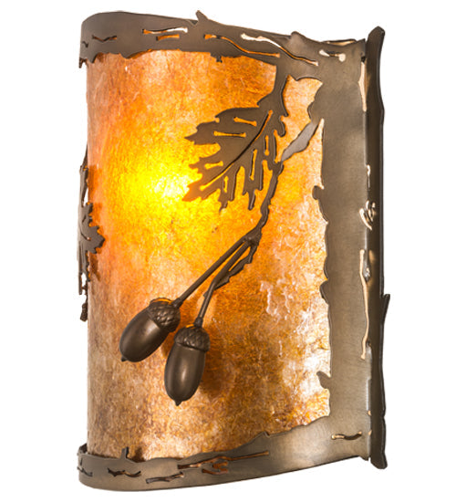Meyda Lighting Oak Leaf & Acorn 184030 12" Antique Copper Wall Sconce With Amber Mica & Silver Mica Shade Glass