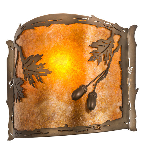 Meyda Lighting Oak Leaf & Acorn 184030 12" Antique Copper Wall Sconce With Amber Mica & Silver Mica Shade Glass